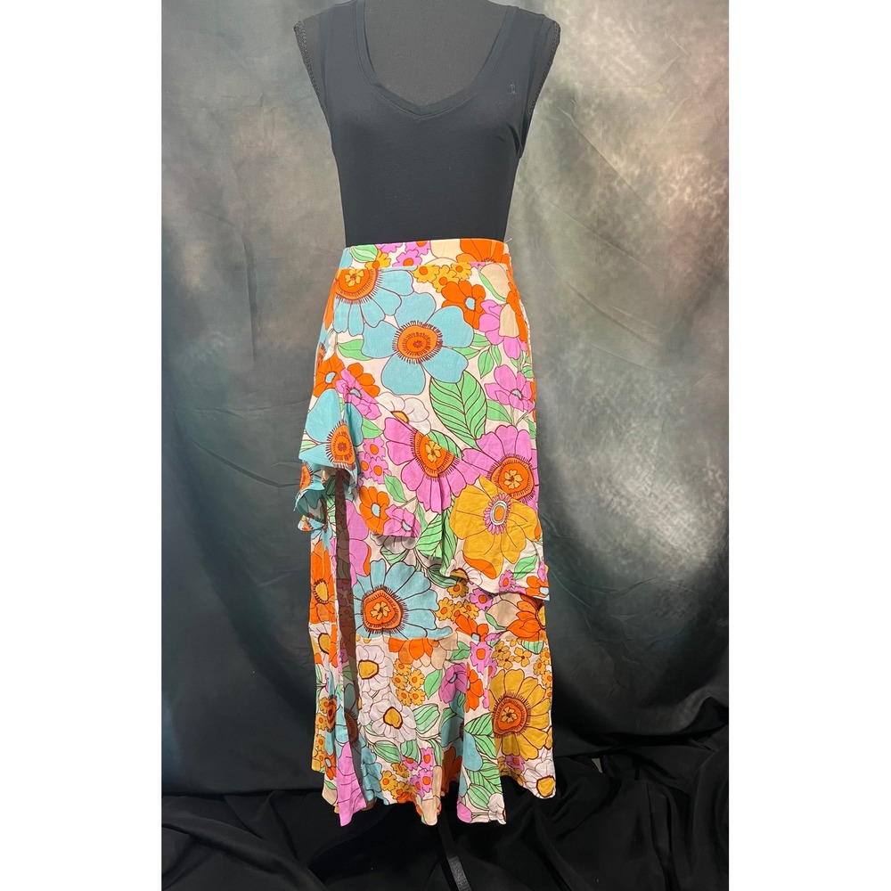 Show Me Your Mumu Floral Tiered Maxi Skirt Small Orange Pink Blue Boho Ruffle